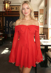 Long Sleeve Bardot A Line Dress Red
