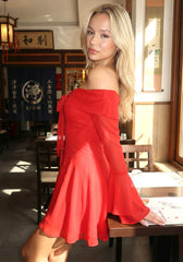 Long Sleeve Bardot A Line Dress Red