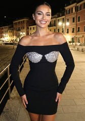 Long Sleeve Crystal Bustier Dress Black