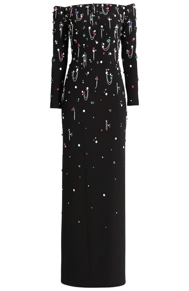 Long Sleeve Bardot Crystal Chain Detail Maxi Dress Black