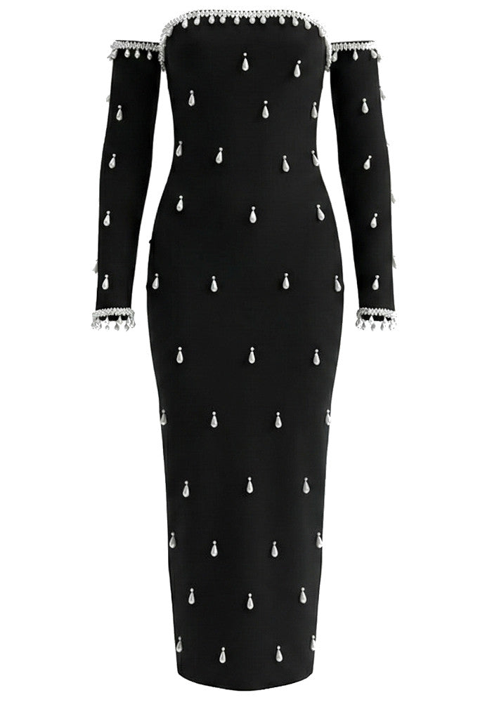 Long Sleeve Bardot Crystal Pearl Maxi Dress Black