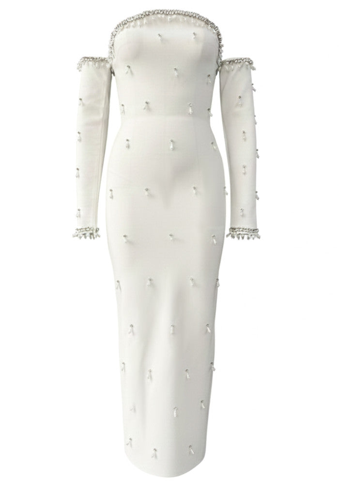 Long Sleeve Bardot Crystal Pearl Maxi Dress White
