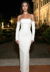 Long Sleeve Bardot Crystal Pearl Maxi Dress White