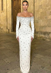 Long Sleeve Bardot Crystal Maxi Dress White
