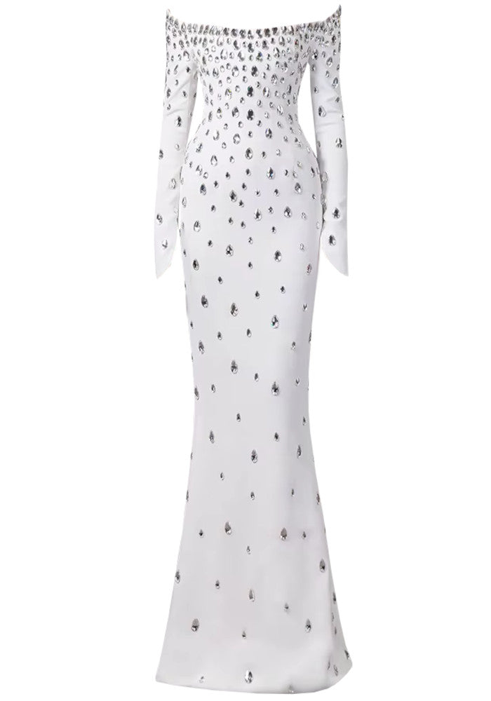 Long Sleeve Bardot Crystal Maxi Dress White