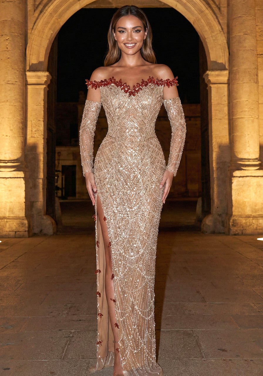 Strapless Crystal Sequin Maxi Dress Gold