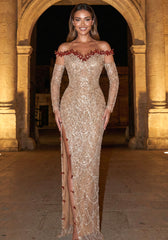 Strapless Crystal Sequin Maxi Dress Gold