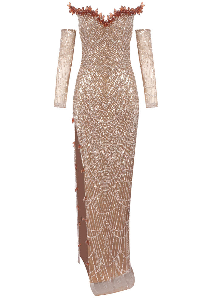 Strapless Crystal Sequin Maxi Dress Gold