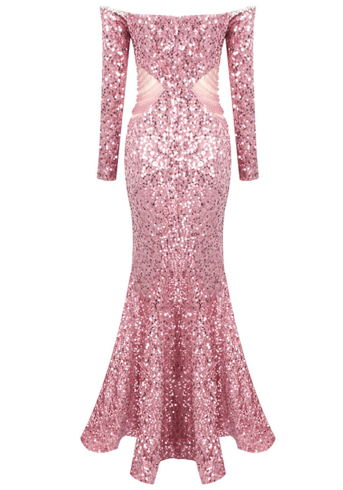 Long Sleeve Bardot Crystal Sequin Maxi Dress Pink