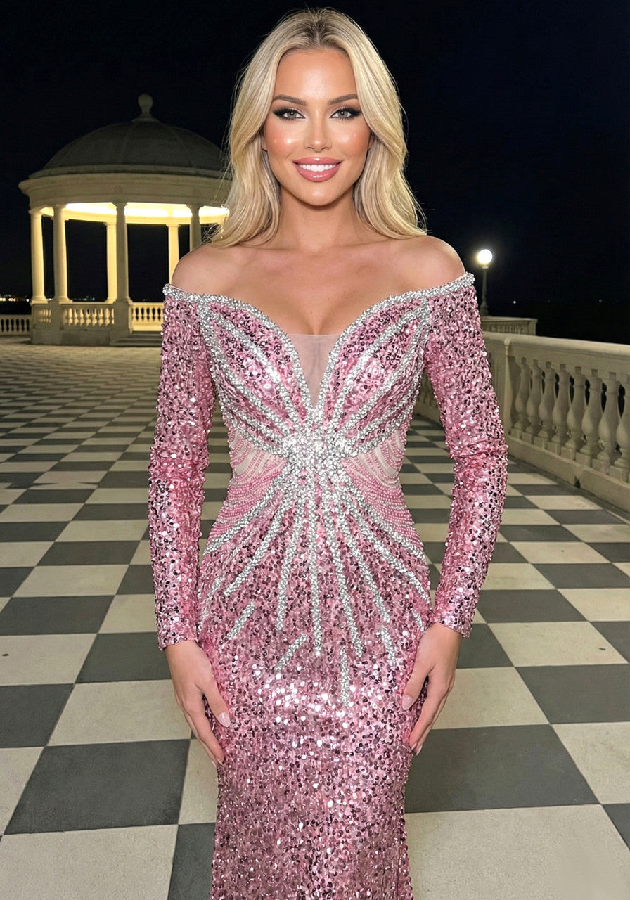 Long Sleeve Bardot Crystal Sequin Maxi Dress Pink