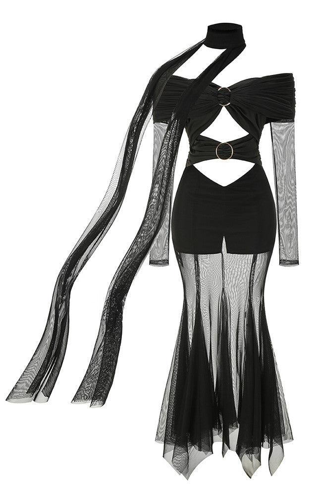 Long Sleeve Bardot Draped Mesh Maxi Dress Black