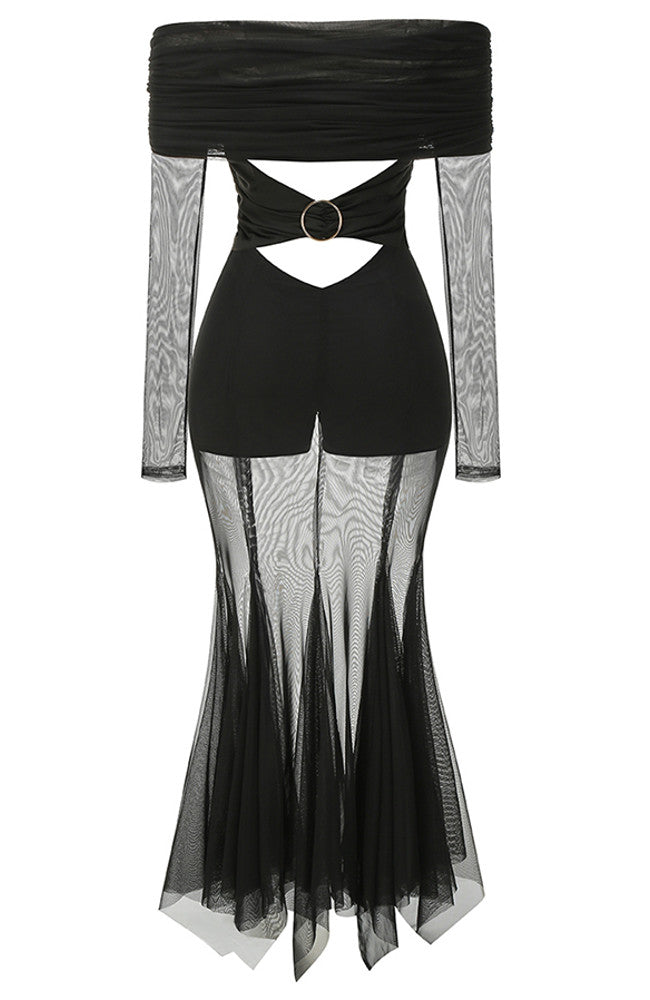 Long Sleeve Bardot Draped Mesh Maxi Dress Black