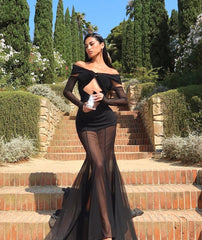 Long Sleeve Bardot Draped Mesh Maxi Dress Black