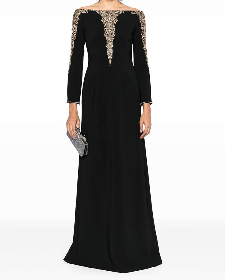 Long Sleeve Bardot Embellished Maxi Dress Black