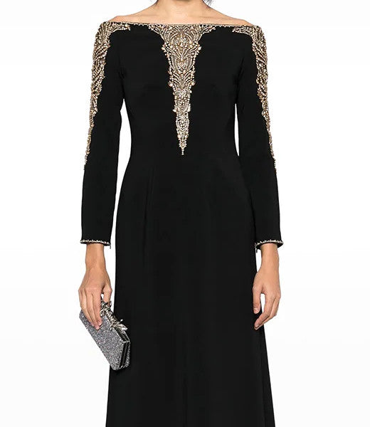 Long Sleeve Bardot Embellished Maxi Dress Black