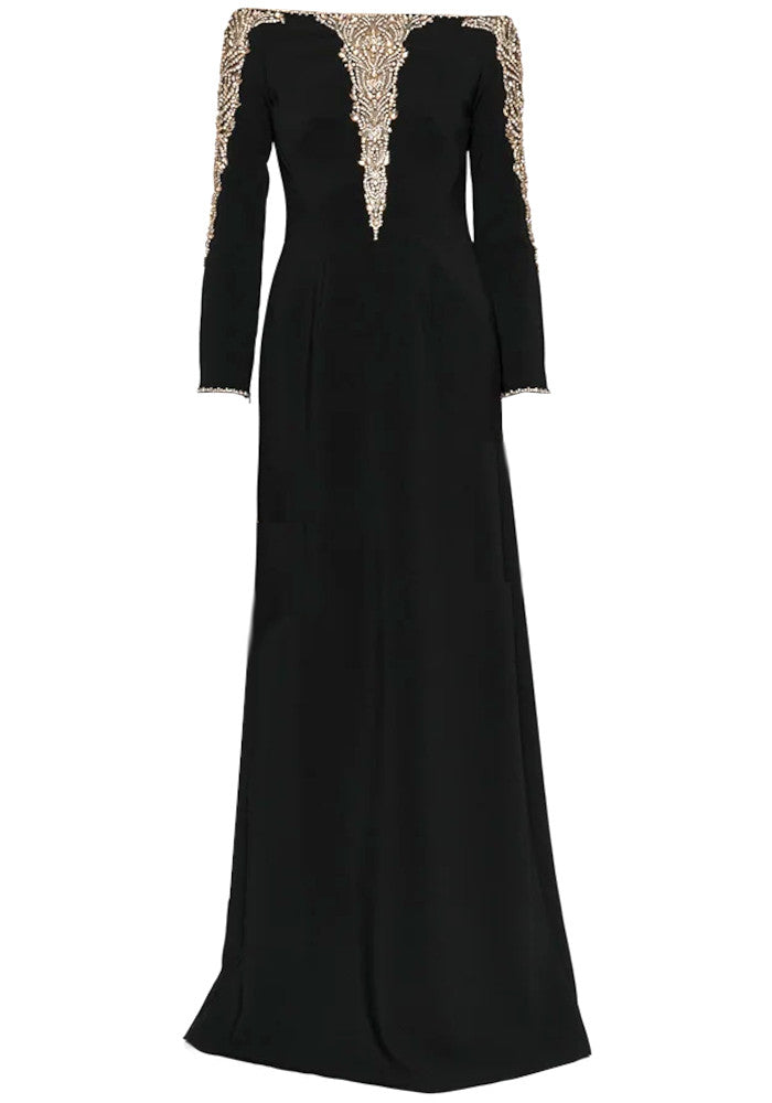 Long Sleeve Bardot Embellished Maxi Dress Black