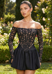 Long Sleeve Bardot Lace Corset Two Piece Dress Black