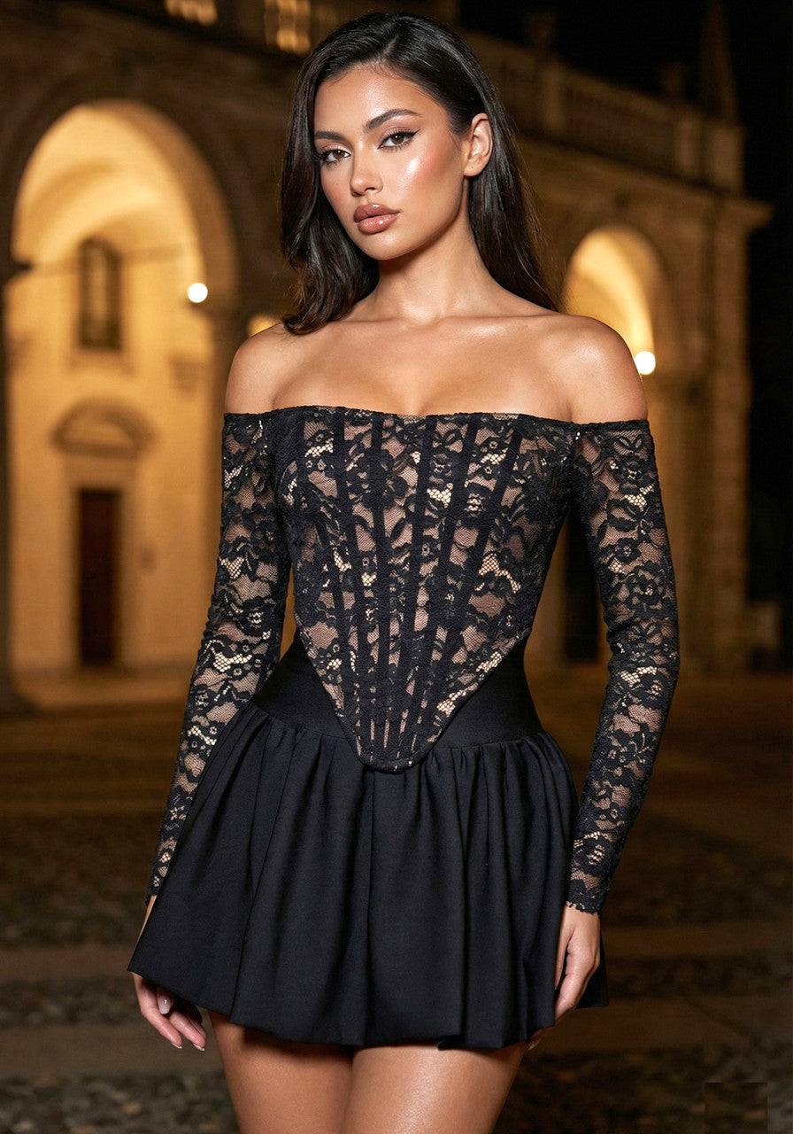 Long Sleeve Bardot Lace Corset Two Piece Dress Black