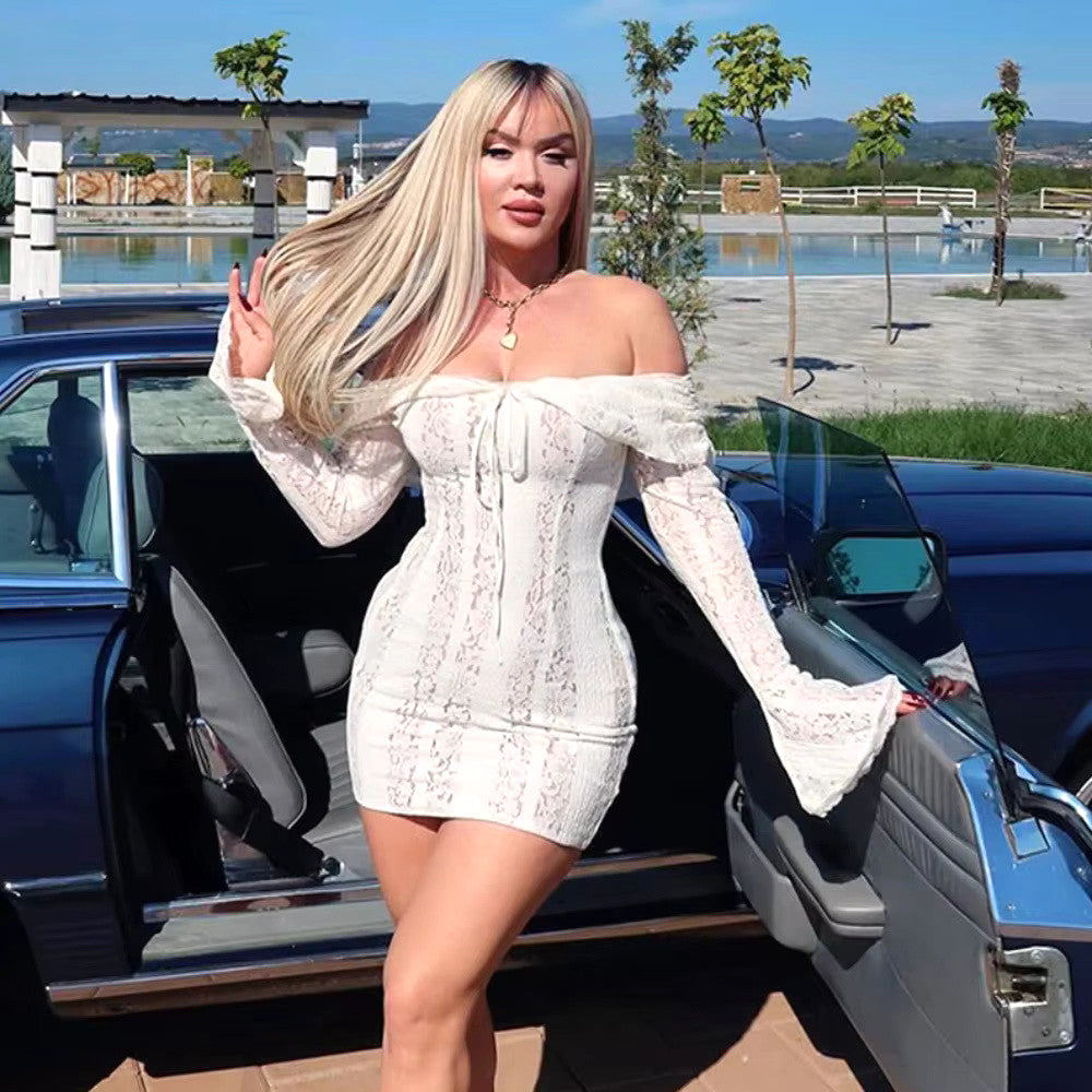 Long Sleeve Bardot Lace Insert Dress White