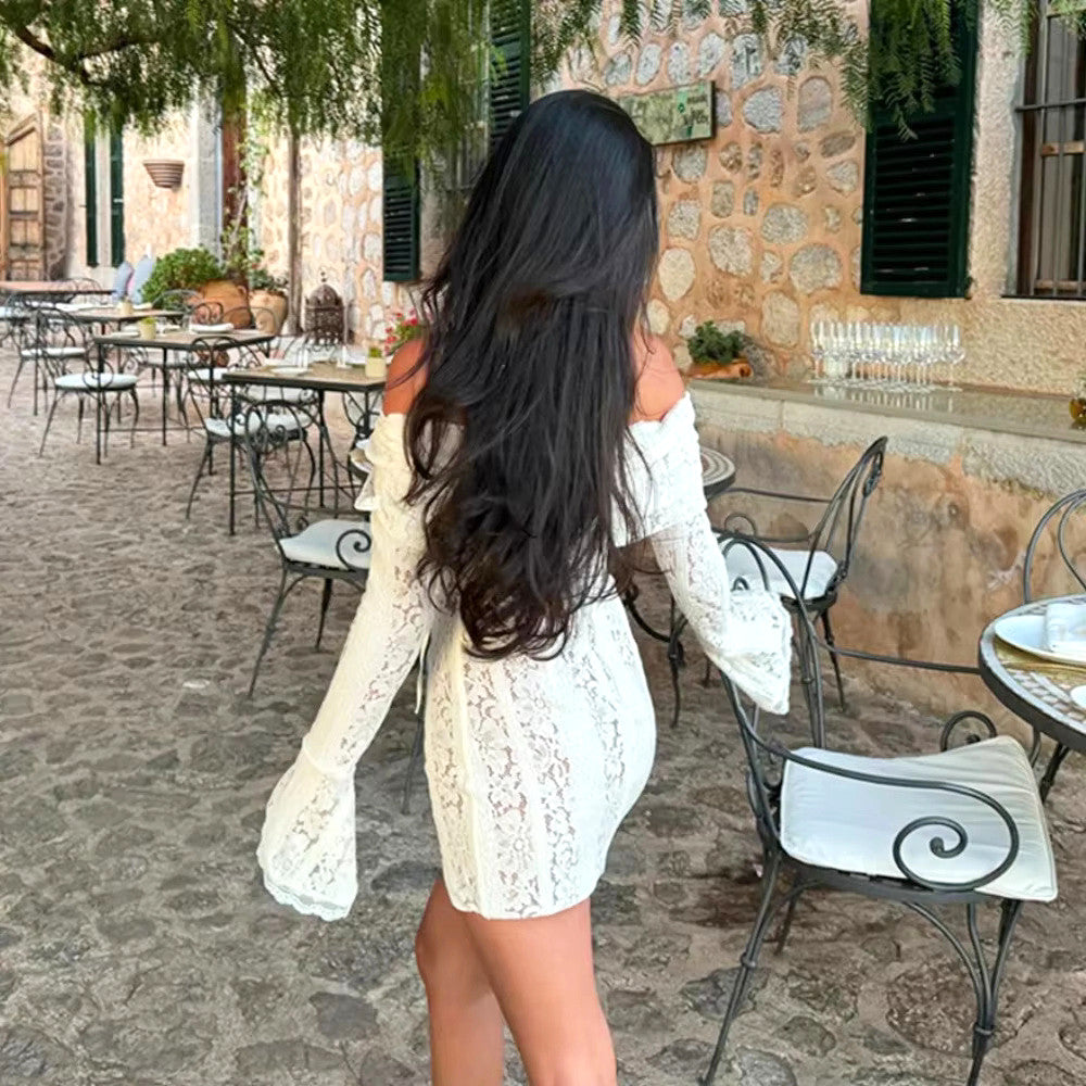 Long Sleeve Bardot Lace Insert Dress White