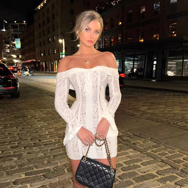 Long Sleeve Bardot Lace Insert Dress White