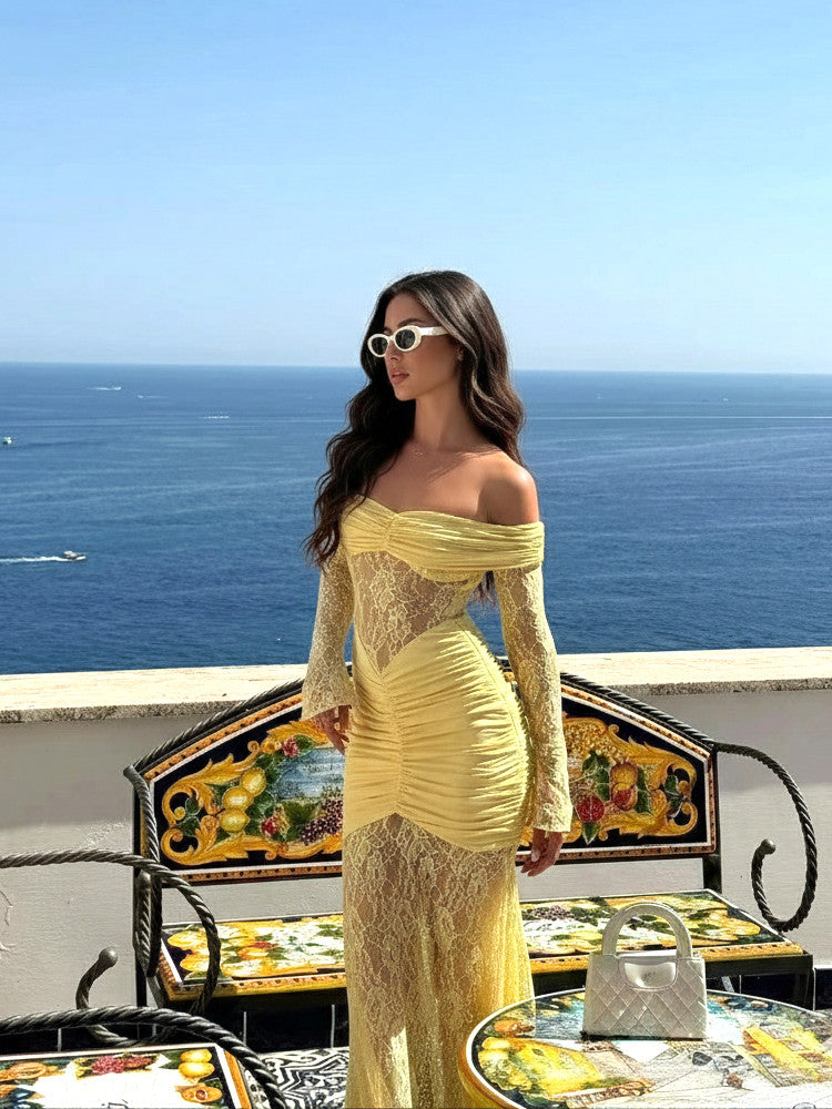 Long Sleeve Draped Bardot Lace Maxi Dress Yellow