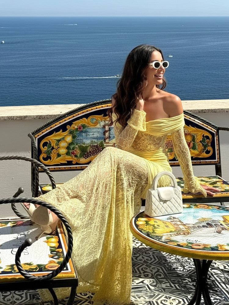 Long Sleeve Draped Bardot Lace Maxi Dress Yellow