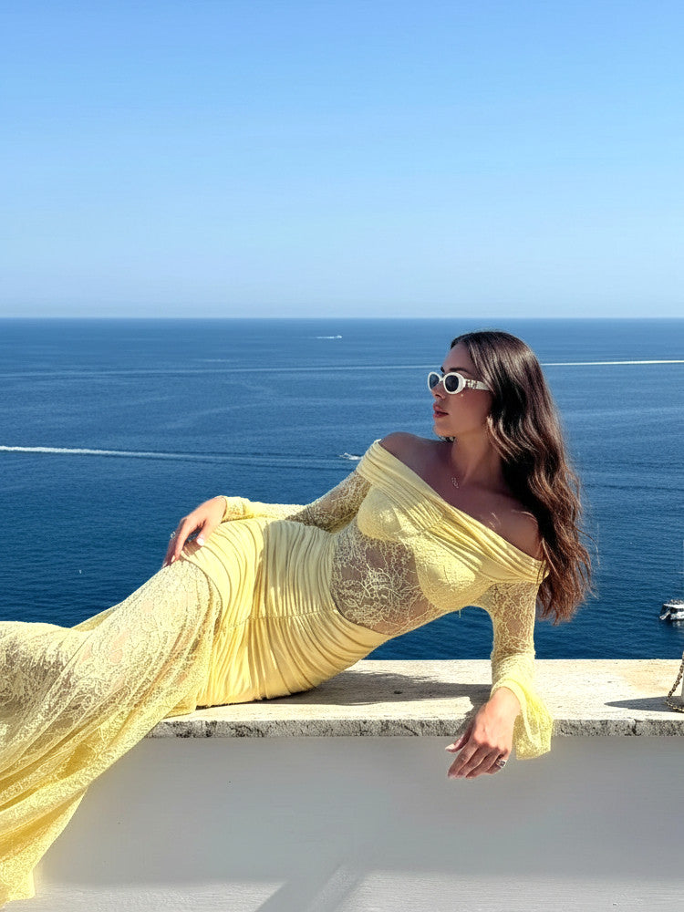 Long Sleeve Draped Bardot Lace Maxi Dress Yellow