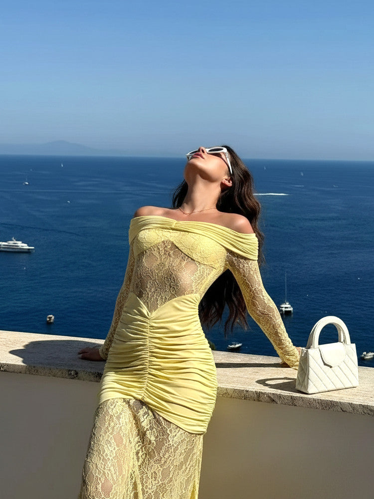 Long Sleeve Draped Bardot Lace Maxi Dress Yellow