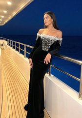Long Sleeve Bardot Pearl Maxi Velvet Dress Black