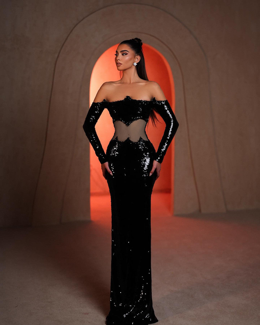 Long Sleeve Bardot Sequin Maxi Dress Black