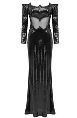 Long Sleeve Bardot Sequin Maxi Dress Black