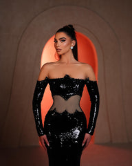 Long Sleeve Bardot Sequin Maxi Dress Black