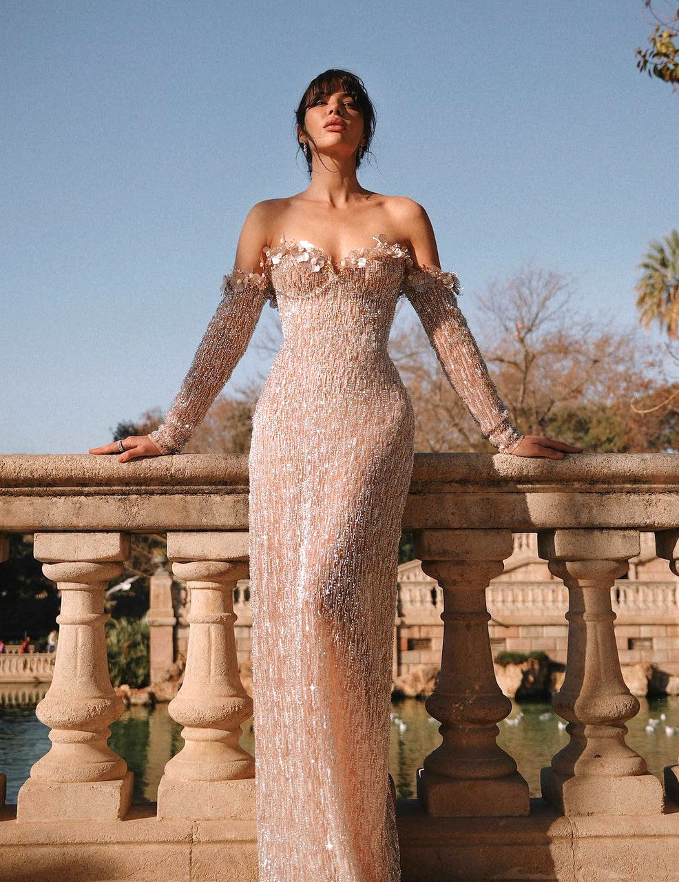 Long Sleeve Bardot Maxi Dress Nude