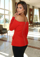 Long Sleeve Bardot Top Red