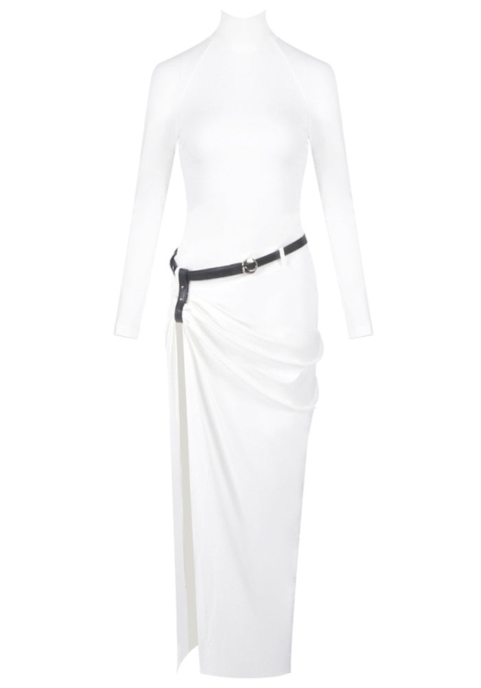 Long Sleeve Belt Backless Maxi Dress White