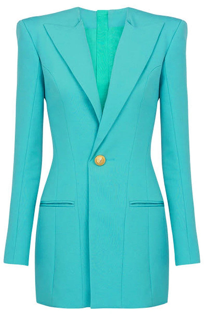 Long Sleeve Concealed Pocket Blazer Dress Turquoise