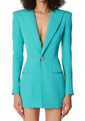 Long Sleeve Concealed Pocket Blazer Dress Turquoise