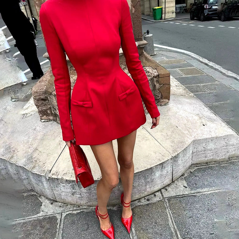 Long Sleeve Bow Detail A Line Dress Red