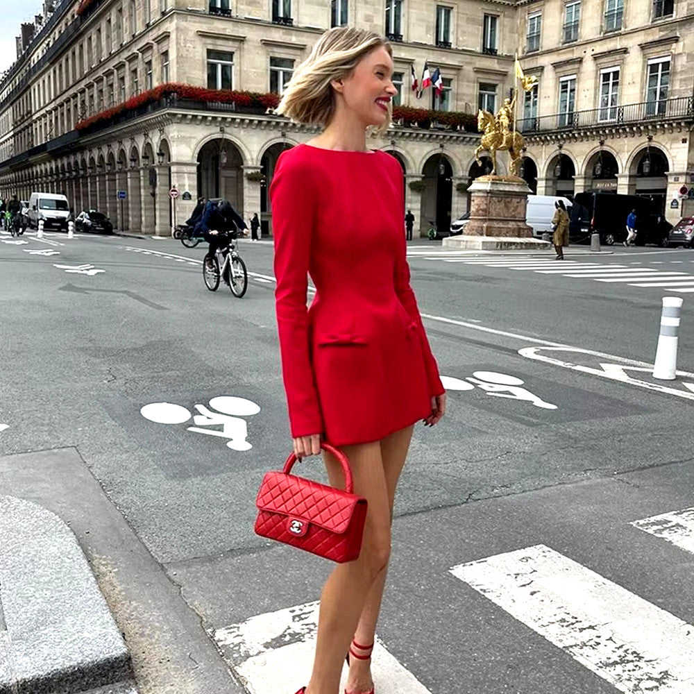 Long Sleeve Bow Detail A Line Dress Red