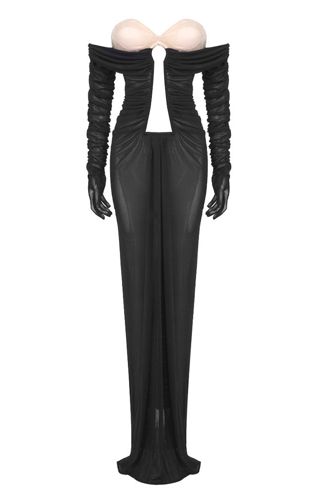 Long Sleeve Bustier Ruched Mesh Maxi Dress Black