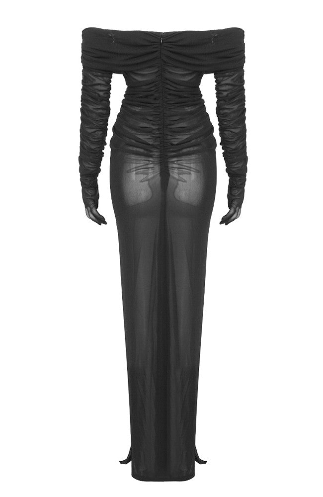 Long Sleeve Bustier Ruched Mesh Maxi Dress Black