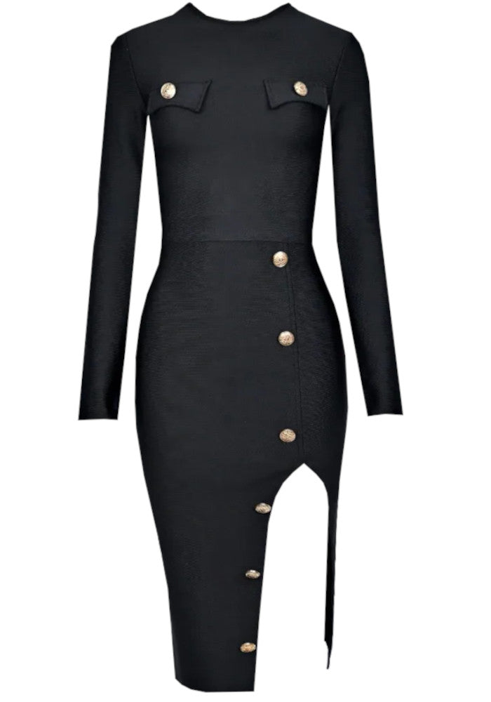 Long Sleeve Button Midi Dress Black
