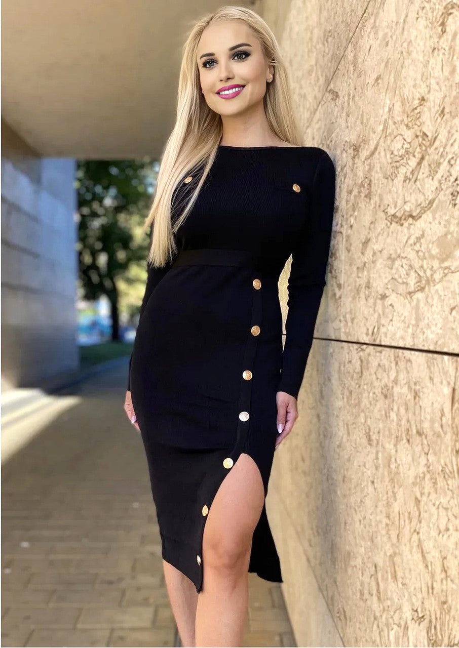 Long Sleeve Button Midi Dress Black