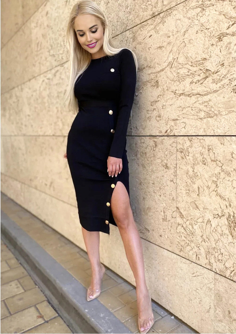 Long Sleeve Button Midi Dress Black
