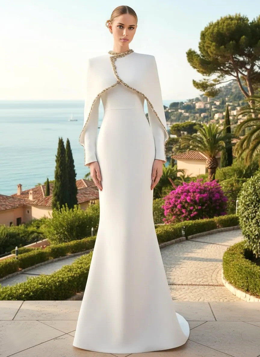 Cape Long Sleeve Embellished Maxi Dress White