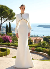 Cape Long Sleeve Embellished Maxi Dress White