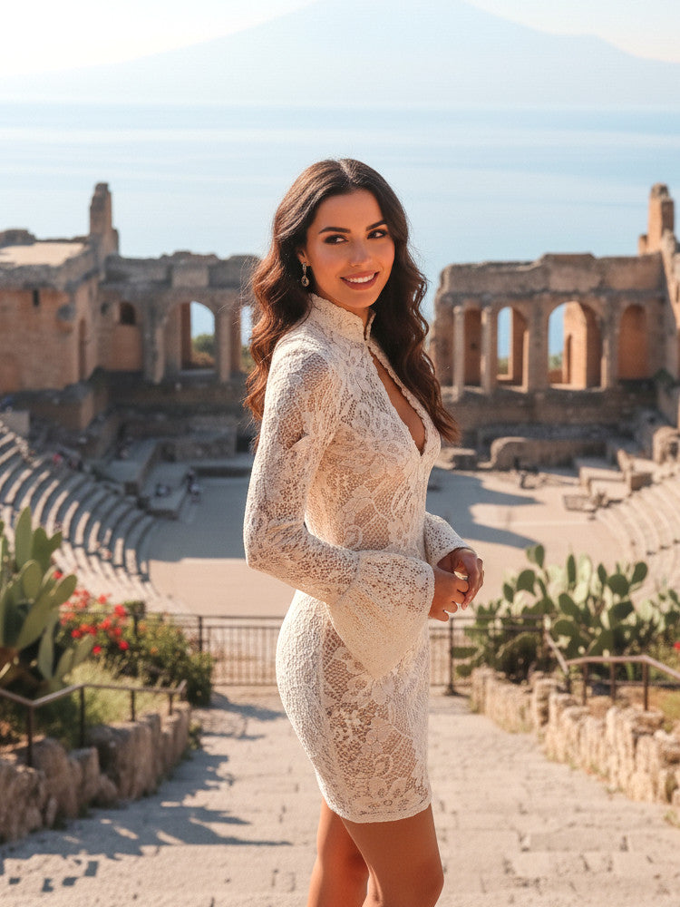Long Sleeve Cut Out Detail Crochet Dress Ivory
