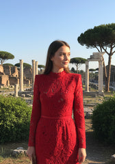 Long Sleeve Crochet Dress Red