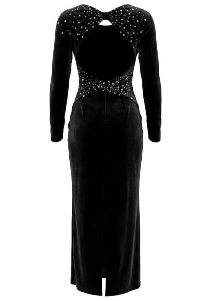 Long Sleeve Crystal Backless Maxi Velvet Dress Black